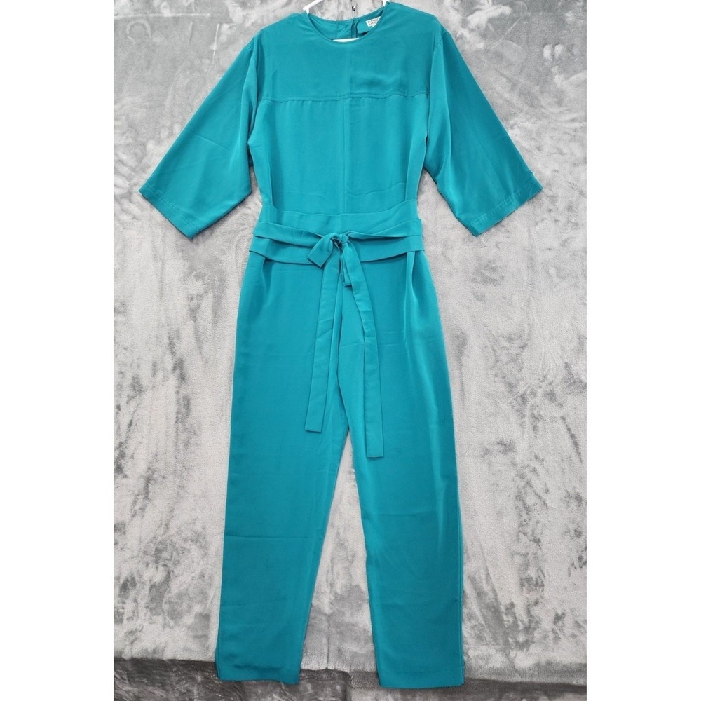 Vintage‎ Frances Henaghan Jumpsuit Womens 8 Teal Blue Silky Tie Belt Long Sleeve